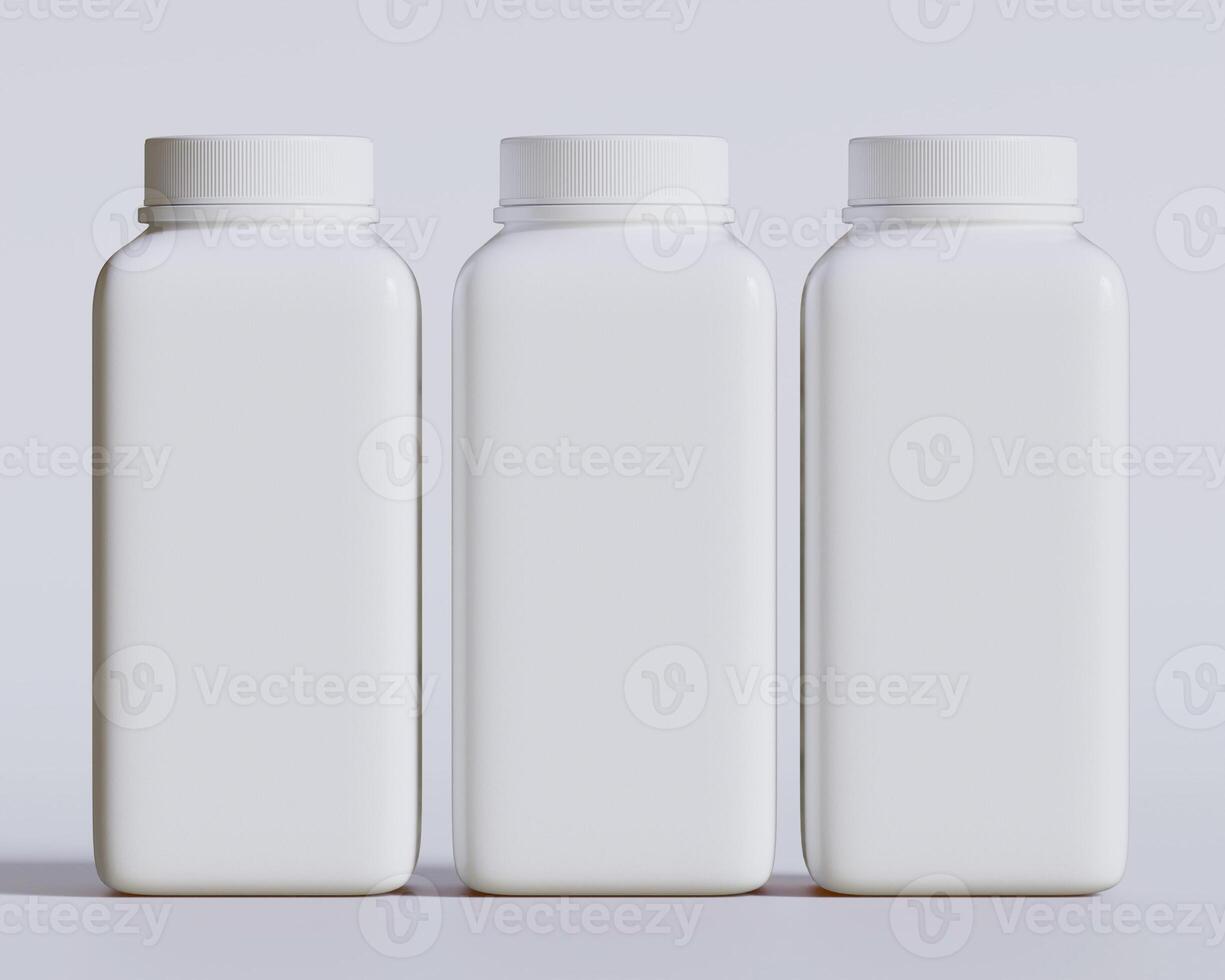 Empty square bottle white color on gray background 3D render illustration photo