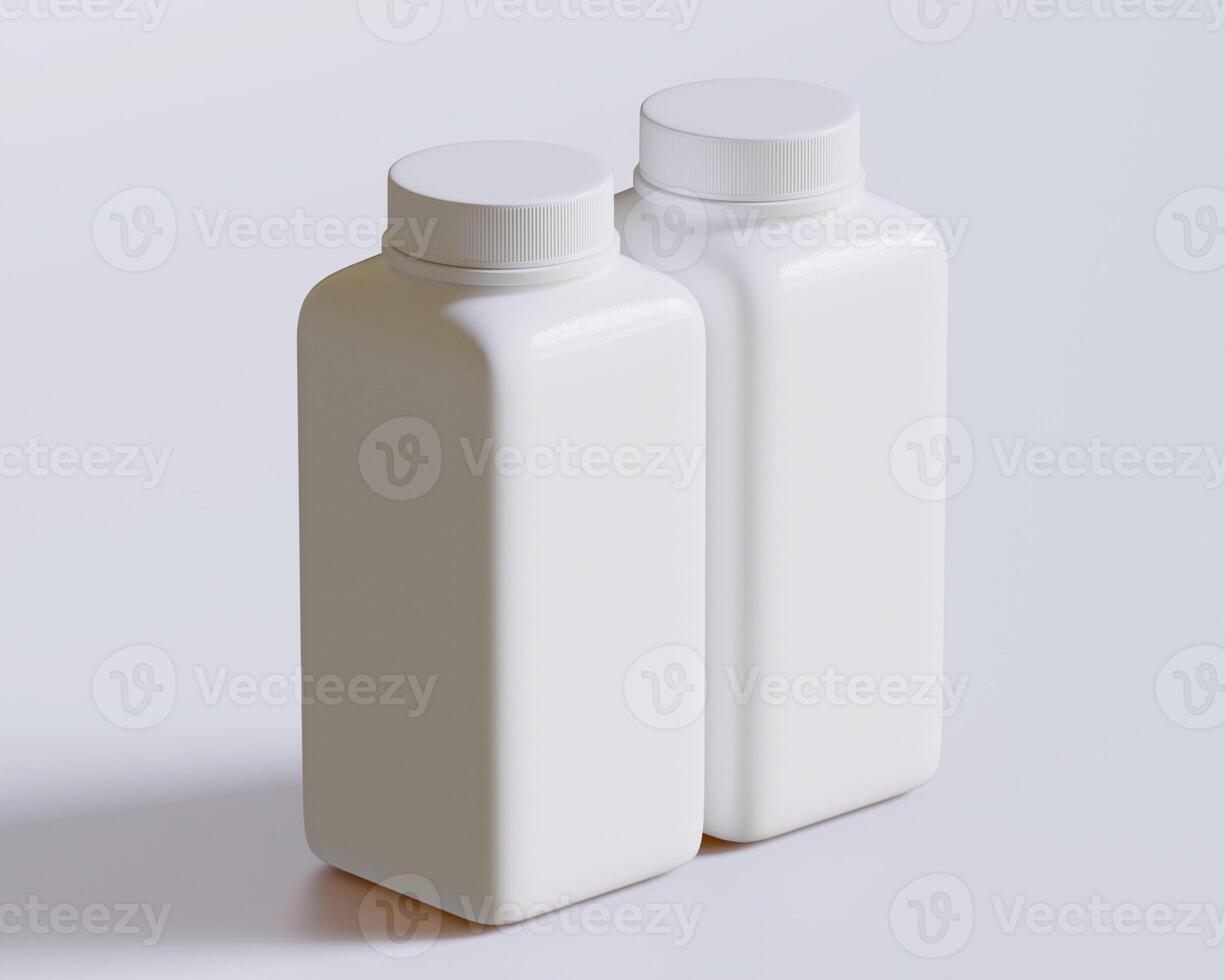 Empty square bottle white color on gray background 3D render illustration photo