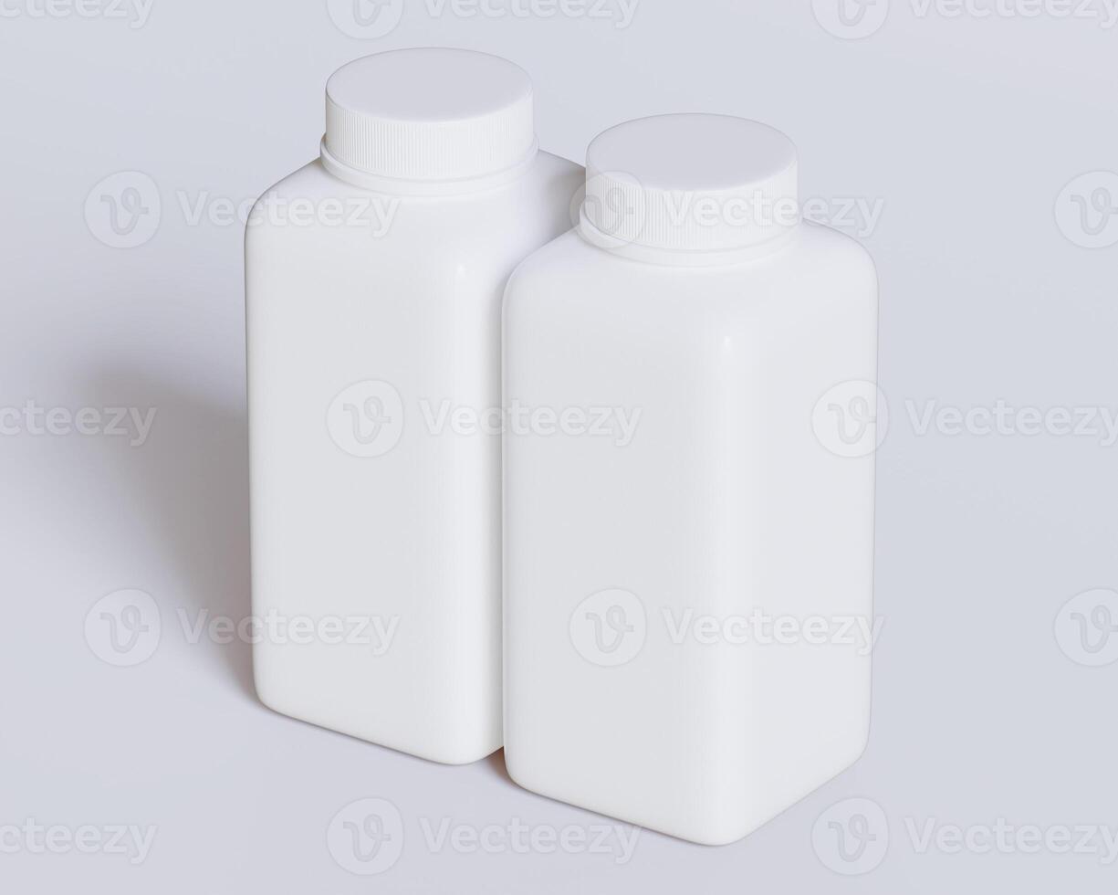 Empty square bottle white color on gray background 3D render illustration photo