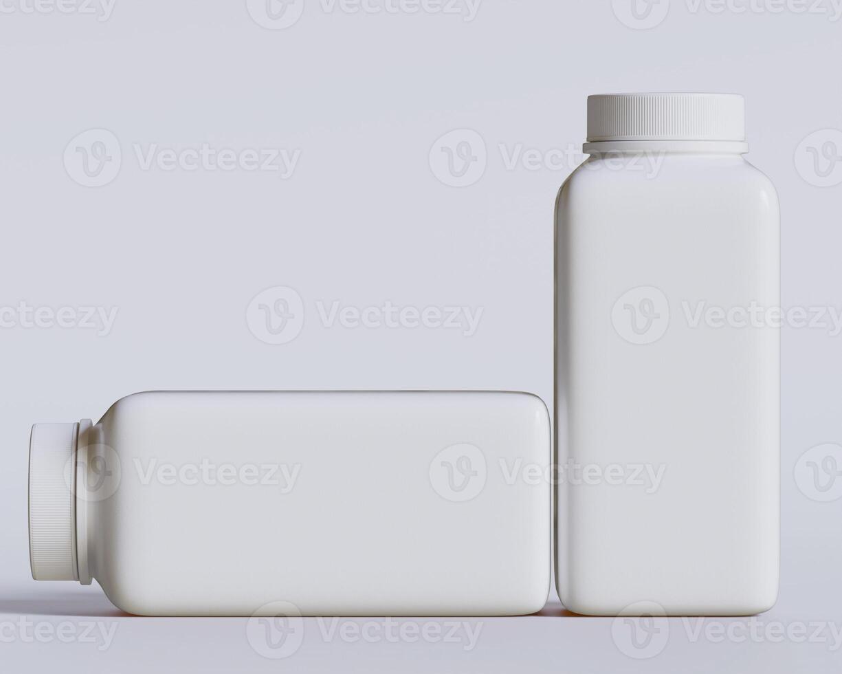 Empty square bottle white color on gray background 3D render illustration photo