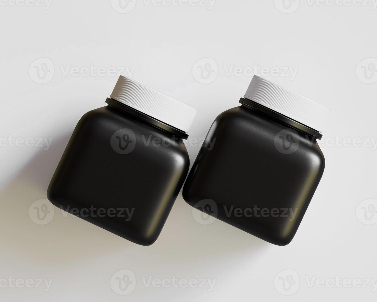 Square pill or supplement bottle black color and white cap photo