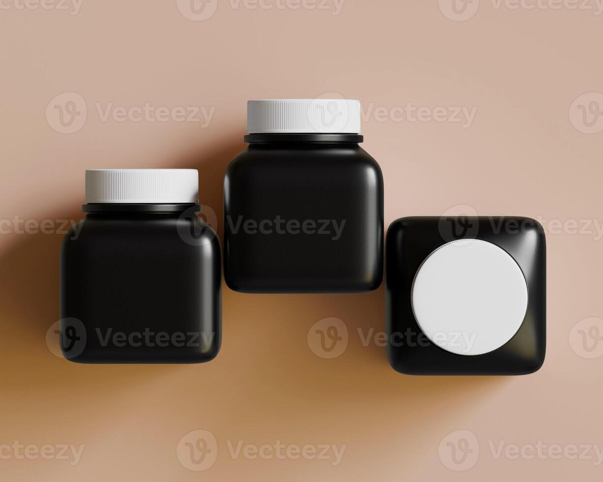 Square pill or supplement bottle black color and white cap photo