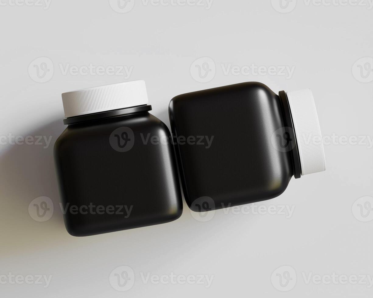 Square pill or supplement bottle black color and white cap photo