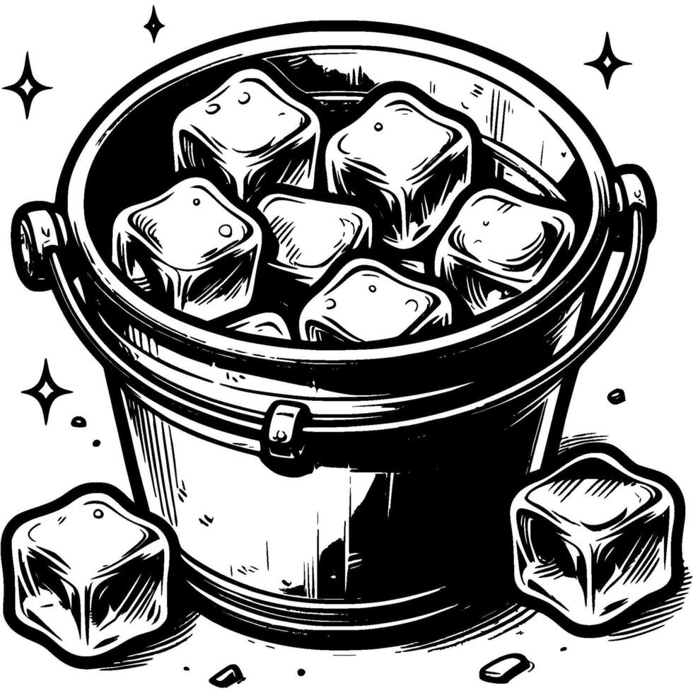 Metal drink bucket filled with ice cubes in monochrome. Ice in container for cooling cocktails. Simple minimalistic in black ink drawing on white background vector