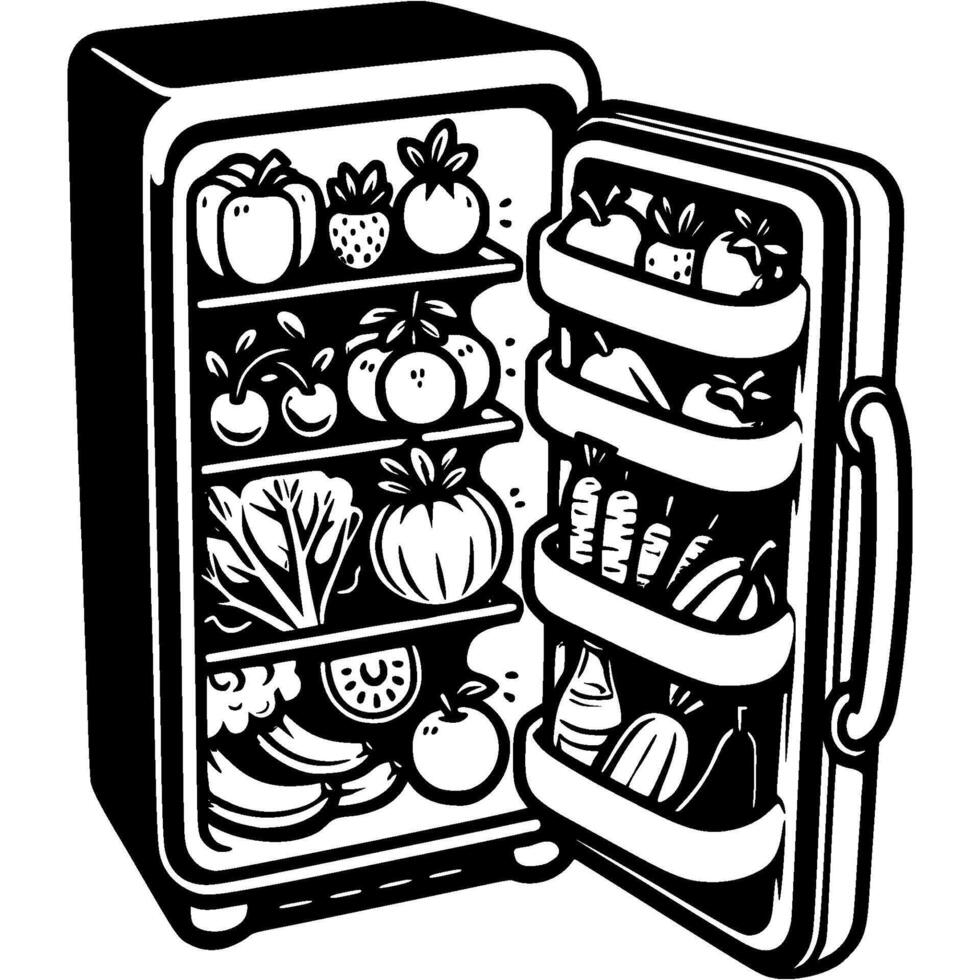 Open refrigerator filled with vegetables and fruits in monochrome. Vegan food set storage. Simple minimalistic in black ink drawing on white background vector