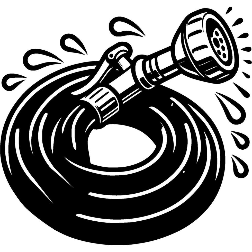 Garden rubber hose with water sprinkler, rolled into ring in monochrome. Farm equipment for watering plants. Simple minimalistic in black ink drawing on white background vector