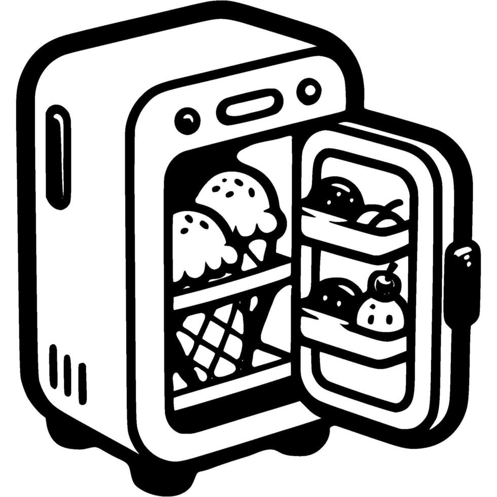 Refrigerator with open door filled with ice cream in monochrome. Storing ice cream in refrigerator. Simple minimalistic in black ink drawing on white background vector