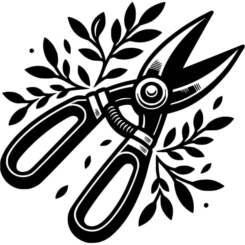 Garden hand pruner for trimming shrubs in monochrome. Trimming branches and leaves with garden shears. Simple minimalistic in black ink drawing on white background vector