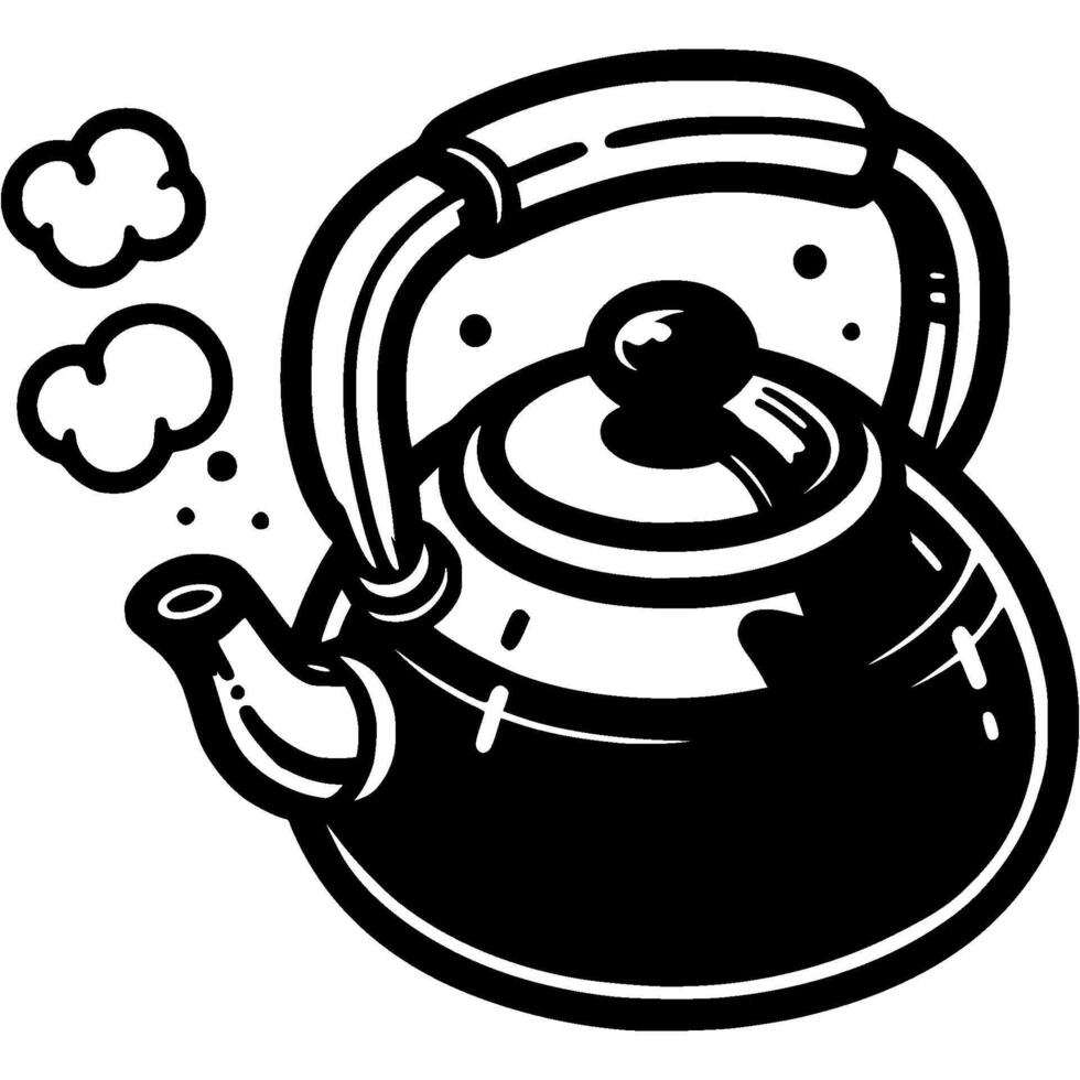 Boiling kettle with handle in monochrome. Preparing for breakfast tea party. Simple minimalistic in black ink drawing on white background vector