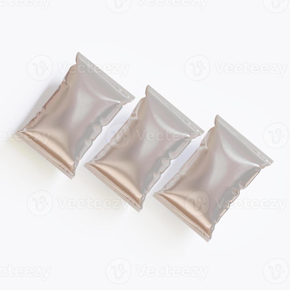 Realistic chips packaging with glossy texture, foil material on white background photo