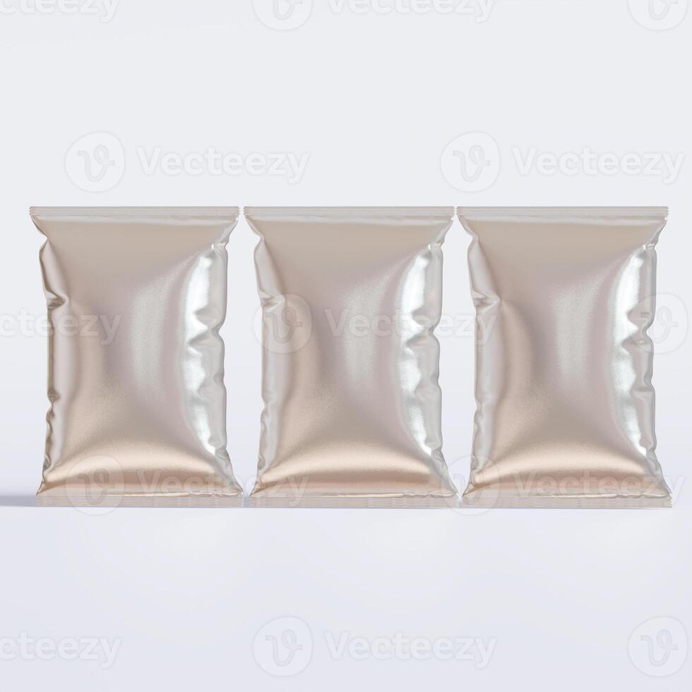 Realistic chips packaging with glossy texture, foil material on white background photo