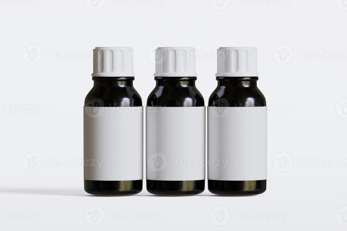Packaging bottle black color and white blank label for medicine, pill or supplement, cosmetic, chemical and etc on white background photo