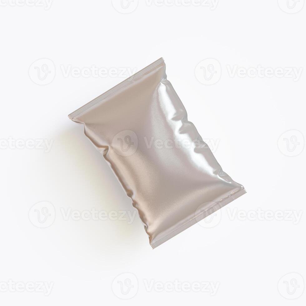 Realistic chips packaging with glossy texture, foil material on white background photo