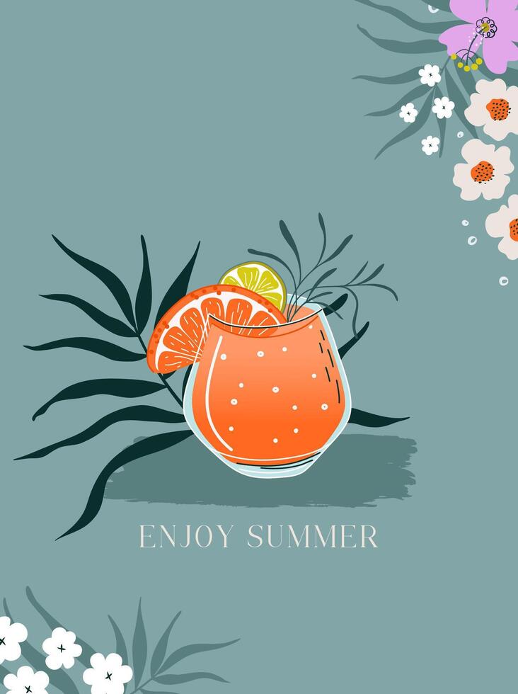 Spritz Cocktail. Glass of Summer fruit drink with grapefruit and lime slices and tropical plant decor. Refreshing lemonade. Hand drawn flat style colorful trendy illustration for wall art. vector