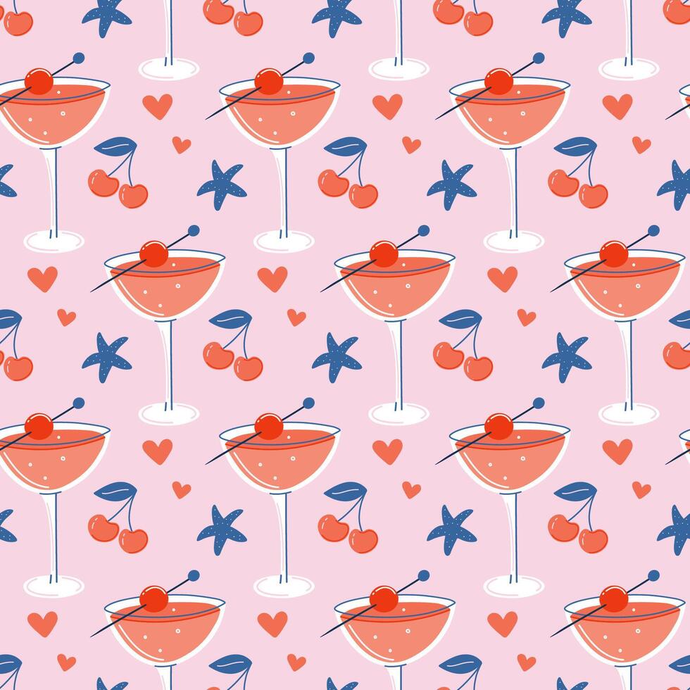 Cocktail seamless pattern. Retro background with glass of refreshing drink. Summer beach vacation concept. Flat style illustration. vector