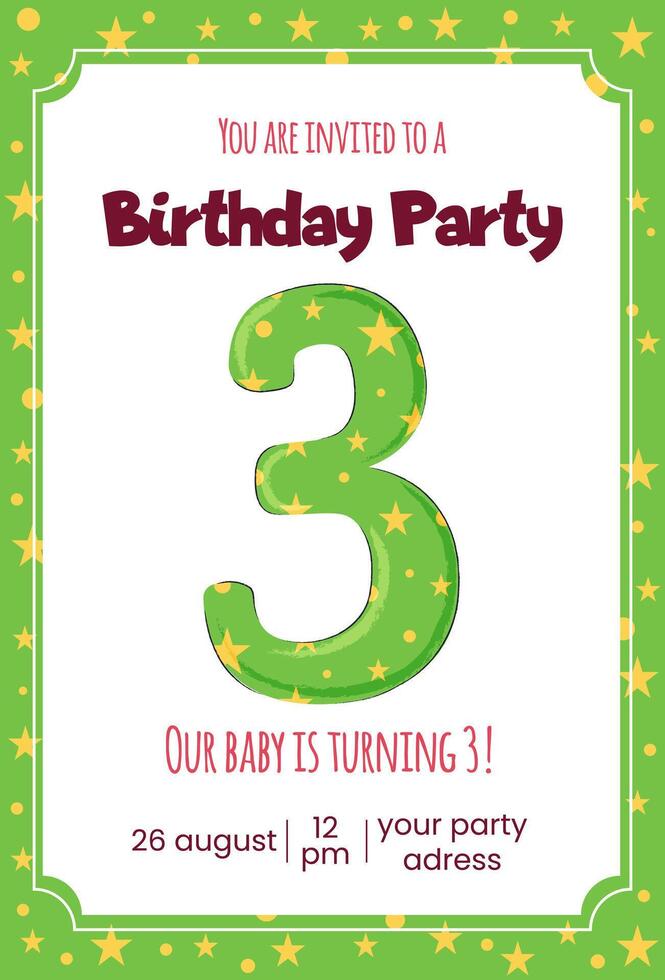 Kids third year birthday party invitation concept with cartoon number three. vector