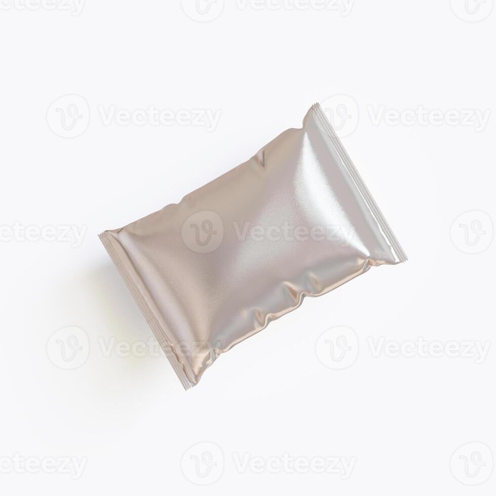 Realistic chips packaging with glossy texture, foil material on white background photo