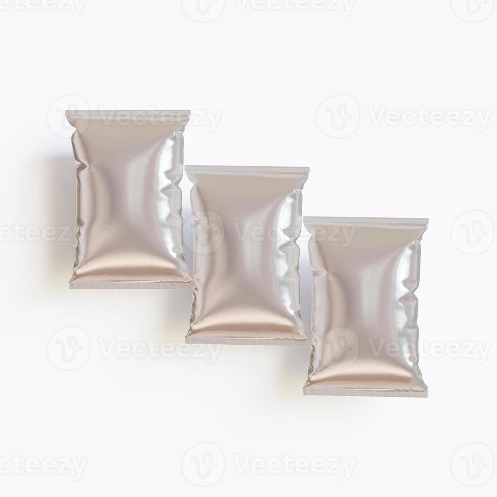 Realistic chips packaging with glossy texture, foil material on white background photo