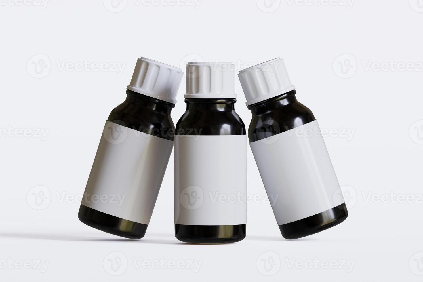 Packaging bottle black color and white blank label for medicine, pill or supplement, cosmetic, chemical and etc on white background photo