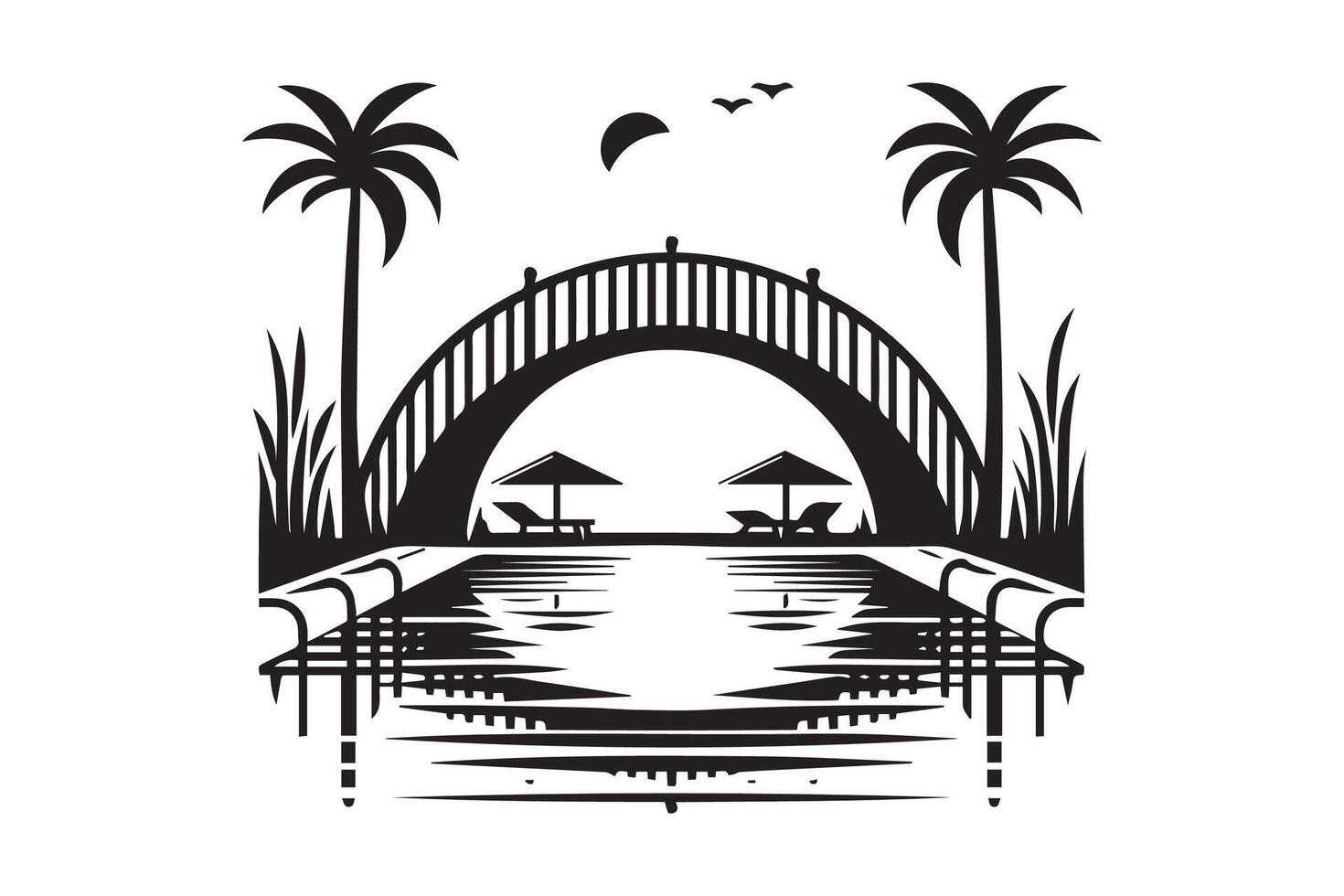 Beautiful Bridge on the river silhouette isolated black color in white background. Bridge icon vector