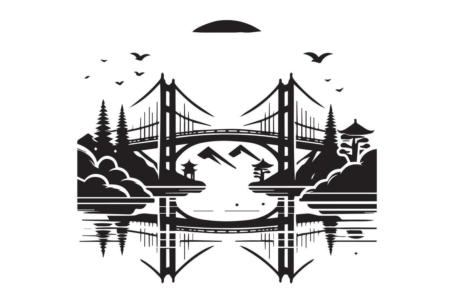 Beautiful Bridge on the river silhouette isolated black color in white background. Bridge icon vector