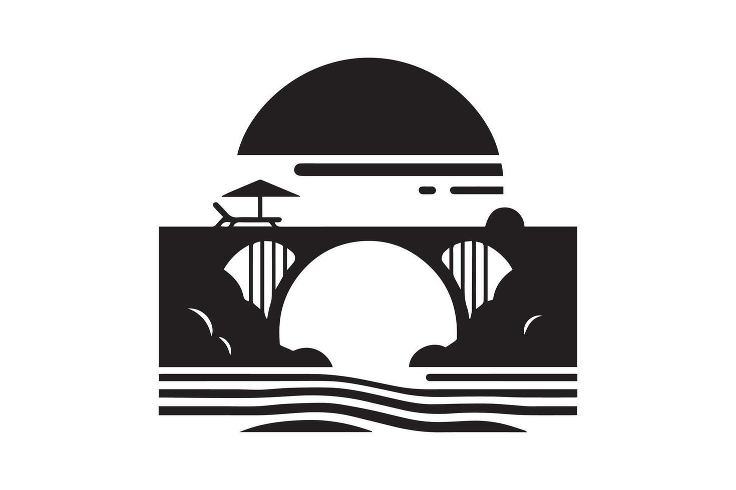 Beautiful Bridge on the river silhouette isolated black color in white background. Bridge icon vector