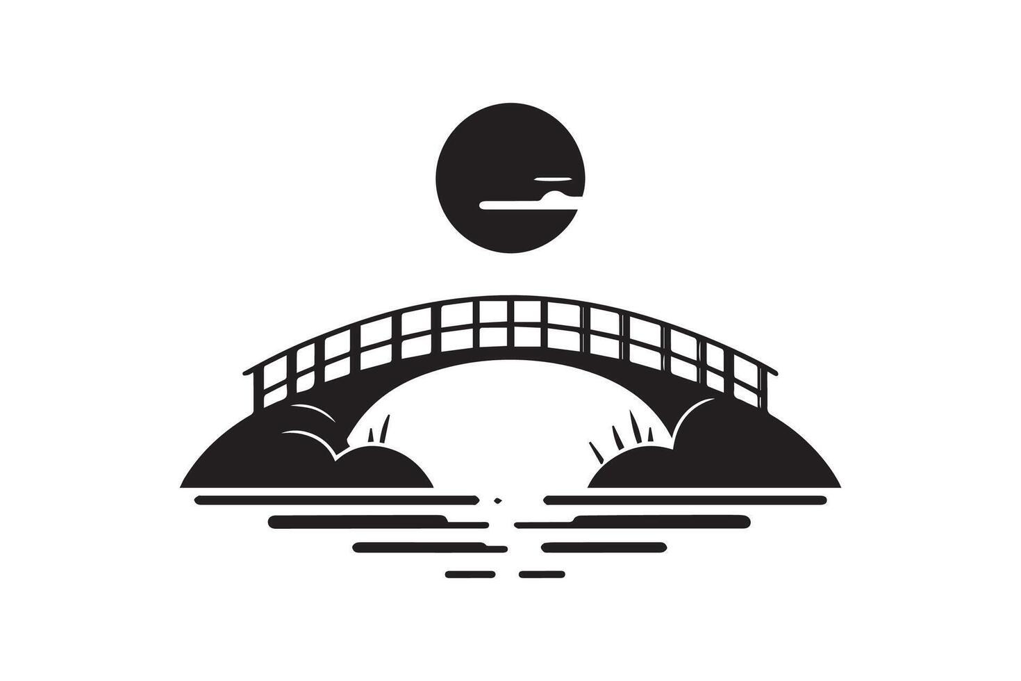 Beautiful Bridge on the river silhouette isolated black color in white background. Bridge icon vector