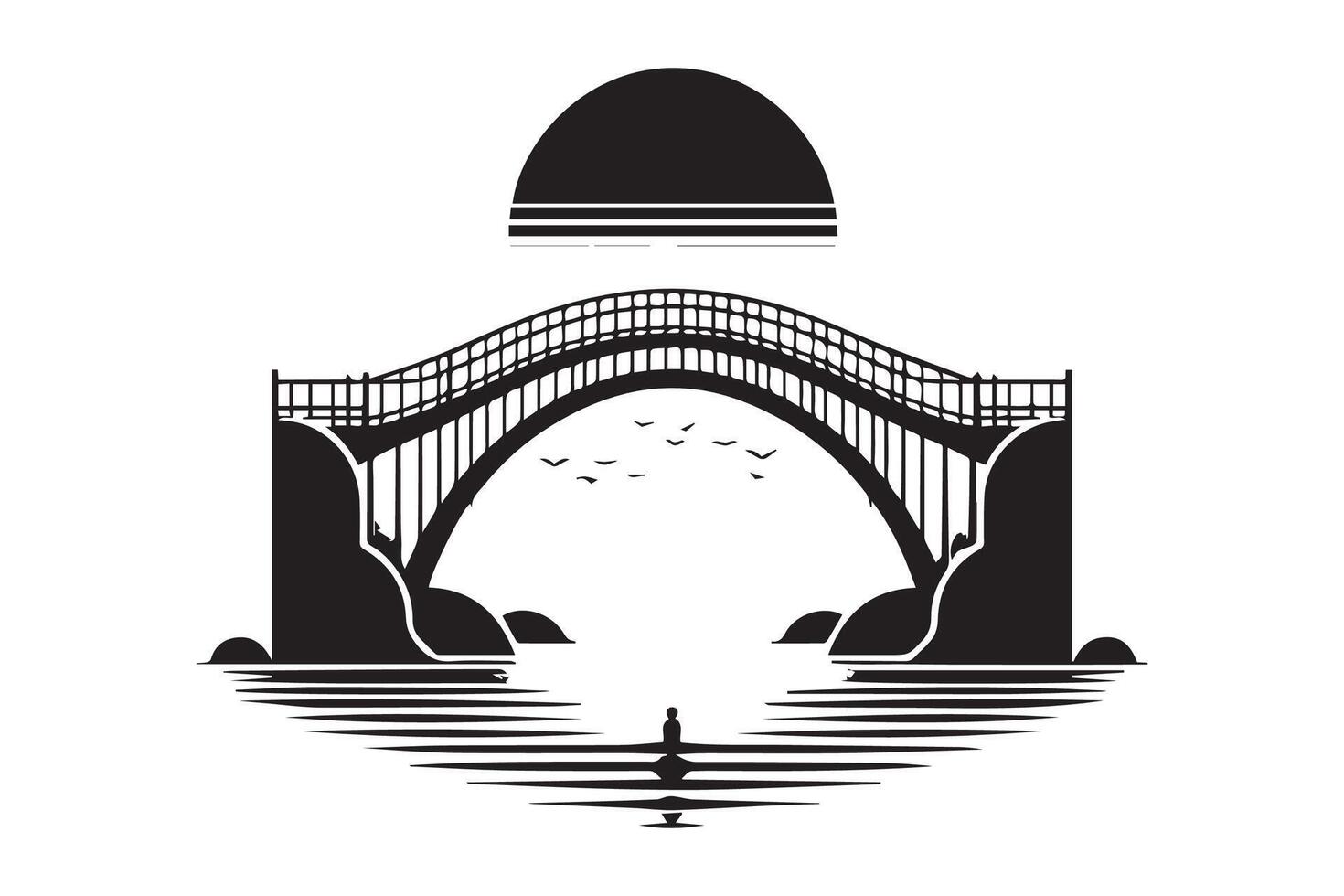Beautiful Bridge on the river silhouette isolated black color in white background. Bridge icon vector