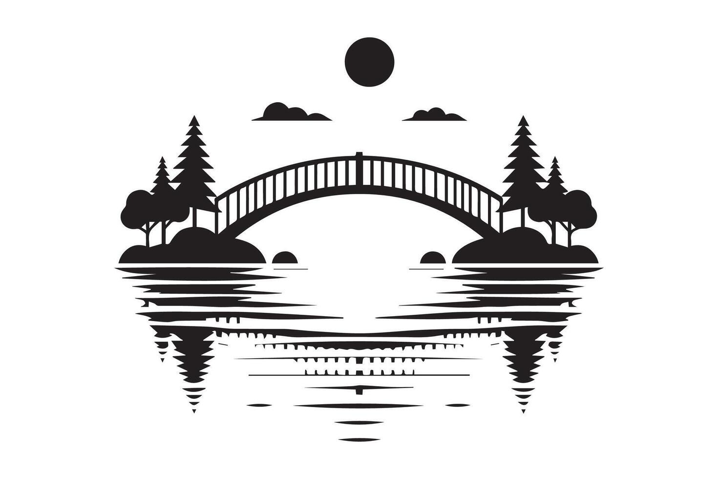 Beautiful Bridge on the river silhouette isolated black color in white background. Bridge icon vector