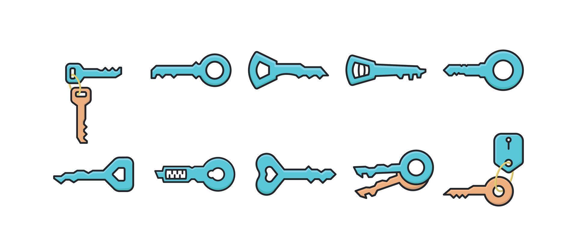 Old key and keyring flat illustration bundle with outline stroke vector