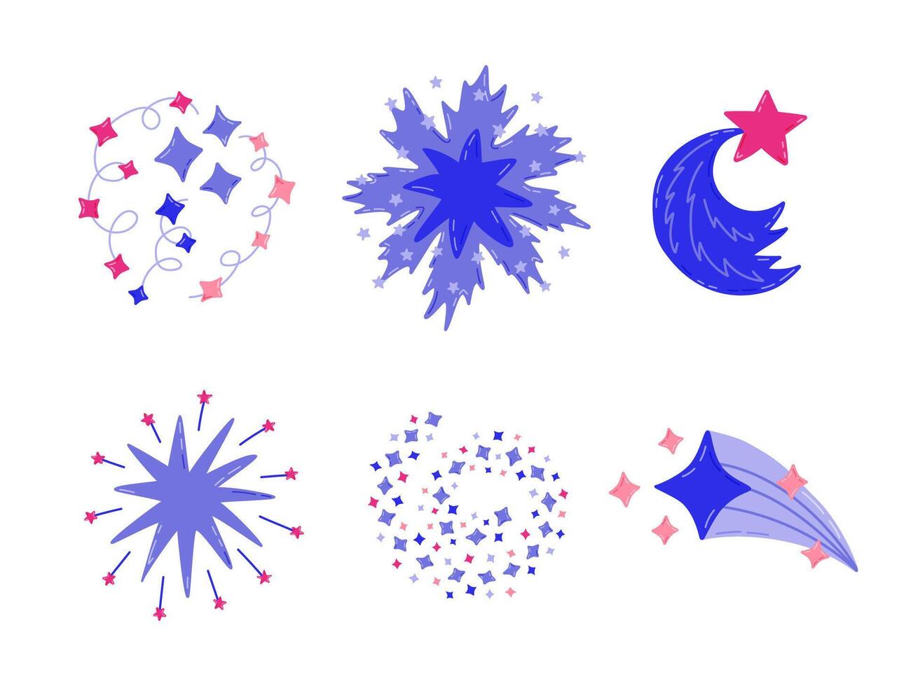 Cute set of star dust, spiral twinkle cloud, falling star clipart in hand drawn cartoon style. Sparkling magical stardust, light, comet shower. Astrology, astronomy, universe, Christmas element. vector