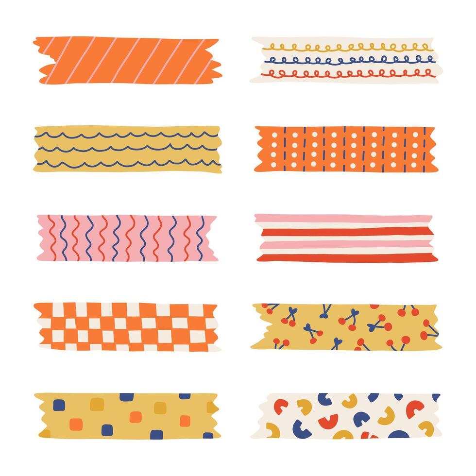 Cartoon set of washi tape stripes with squiggle, geometry and cute pattern. adhesive tapes with colorful hand drawn memphis ornament. Trendy decorative scotch tape with ragged edges. vector