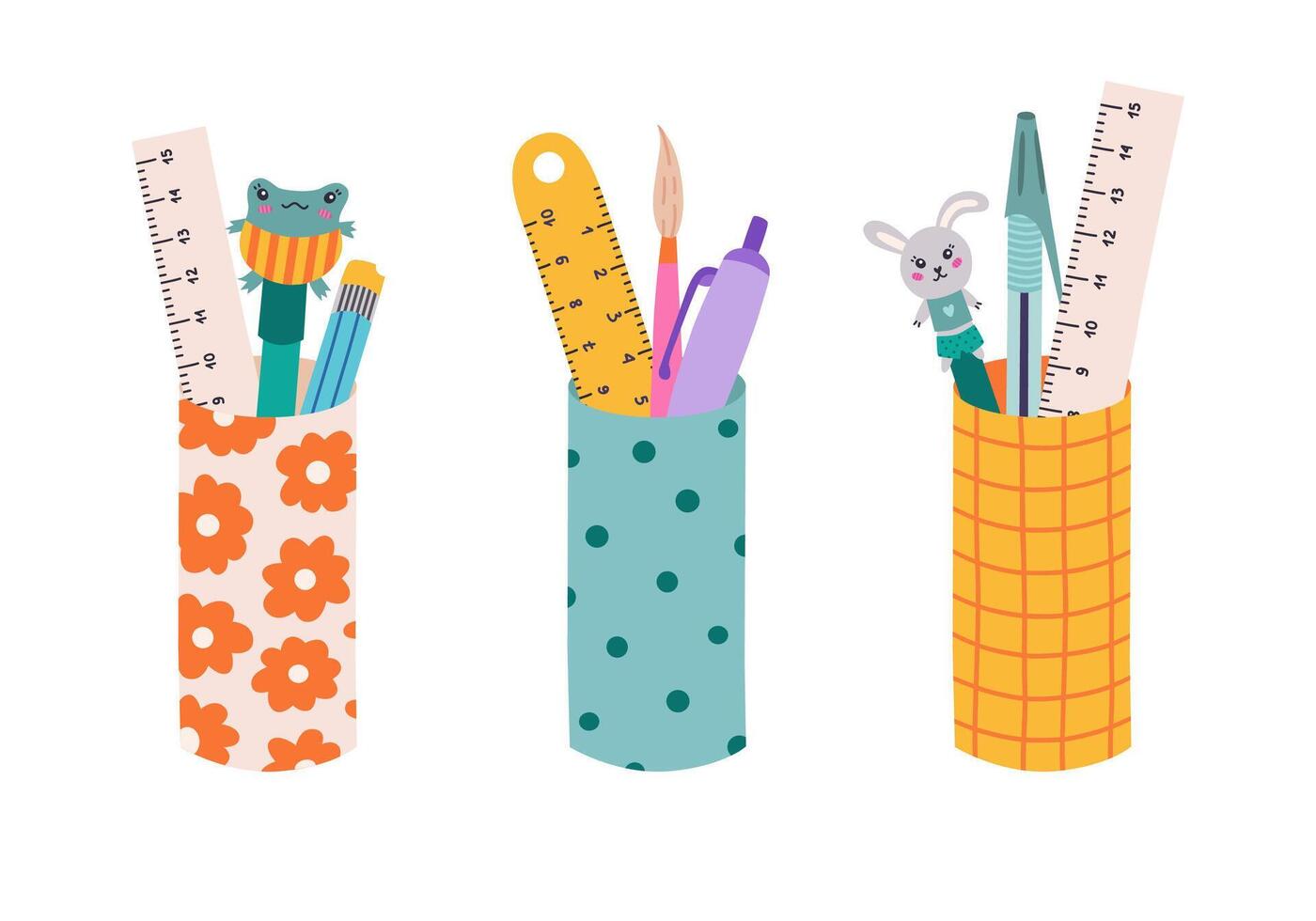 Cute cartoon set of pencil cups with checkered, flower and dot pattern with school supplies. Stationery container with pencil, pens, rulers. Holder case for office stationary. Back to school clipart vector