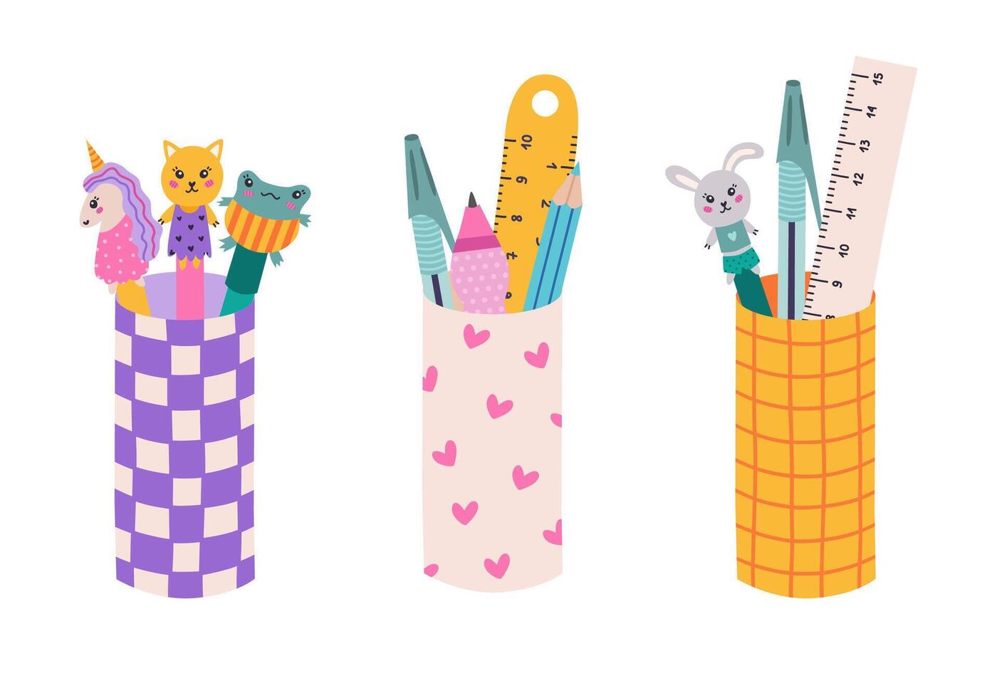 Cute cartoon set of pencil cups with checkered and heart pattern with school supplies. Stationery container with pencil, pens, rulers. Holder case for office stationary. back to school clipart vector