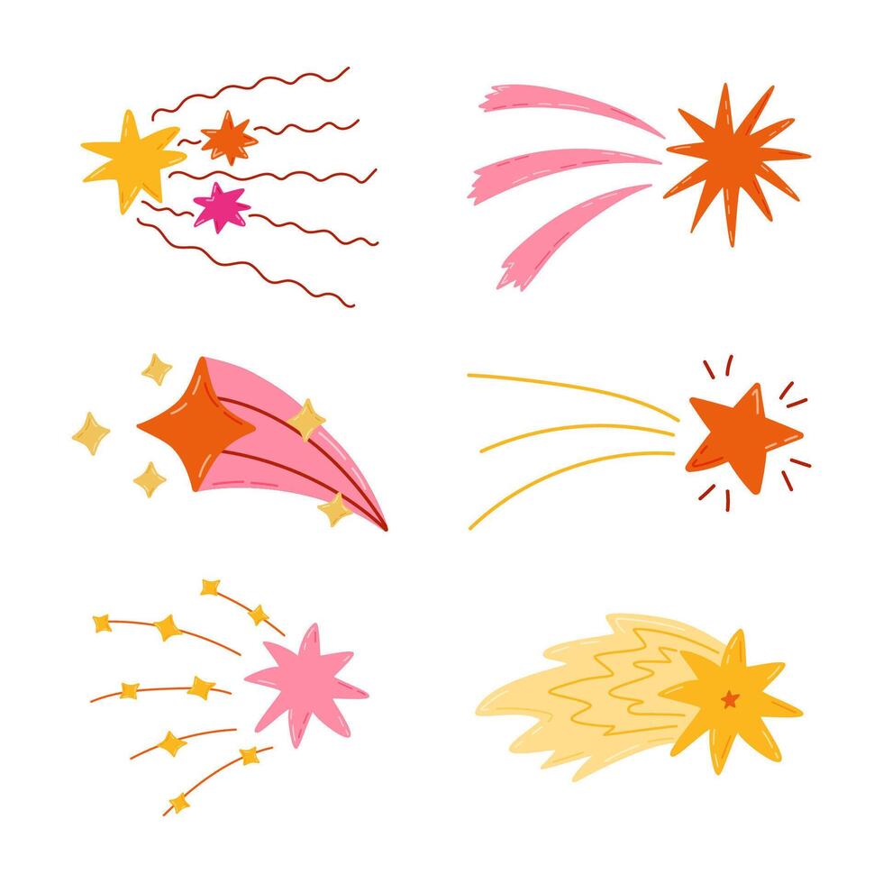 Cute hand drawn set of star dust, spiral twinkle cloud, falling star clipart in simple cartoon style. Sparkling magical stardust, comet shower. Astrology, astronomy, universe, Christmas element. vector