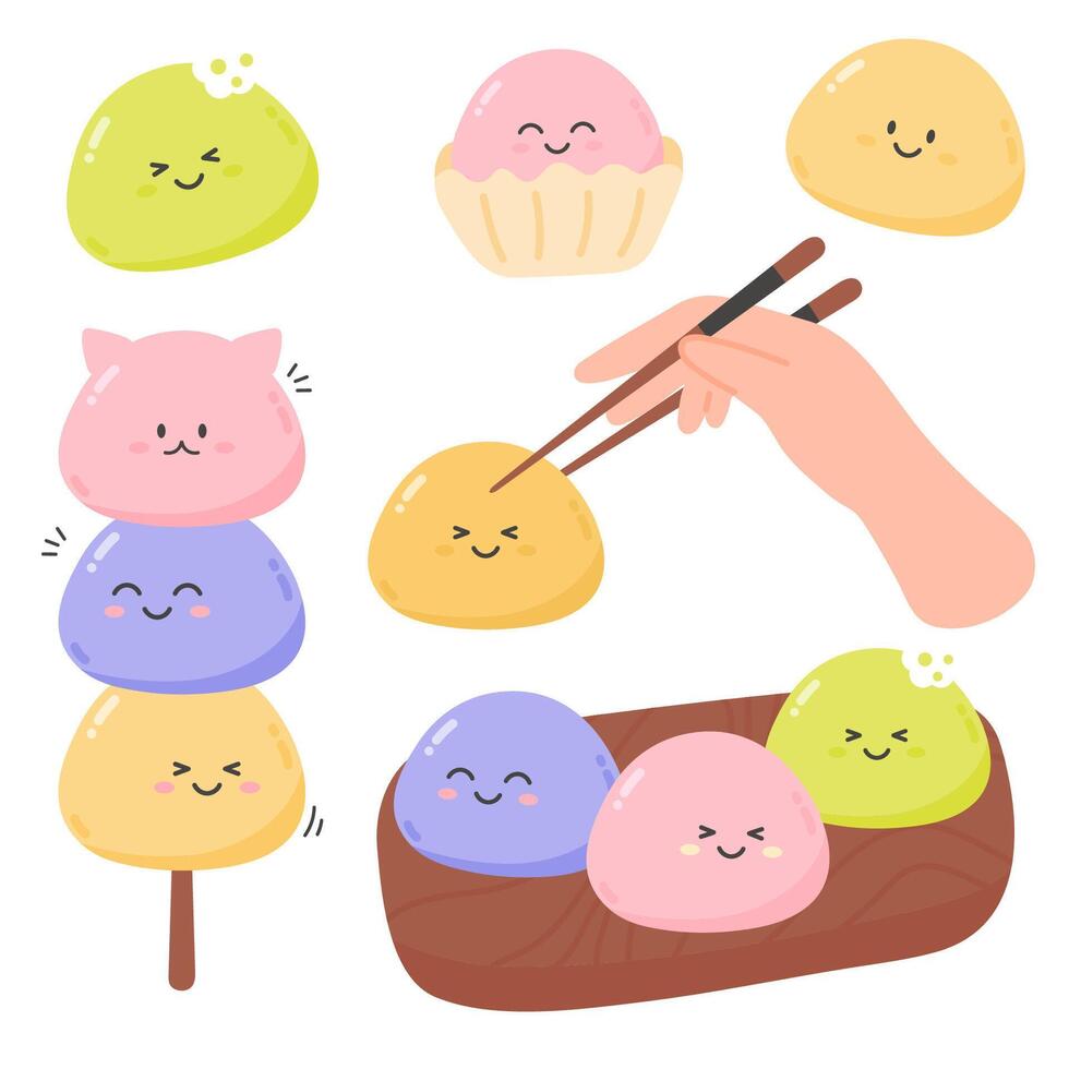 Funny kawaii Mochi rice dessert set vector