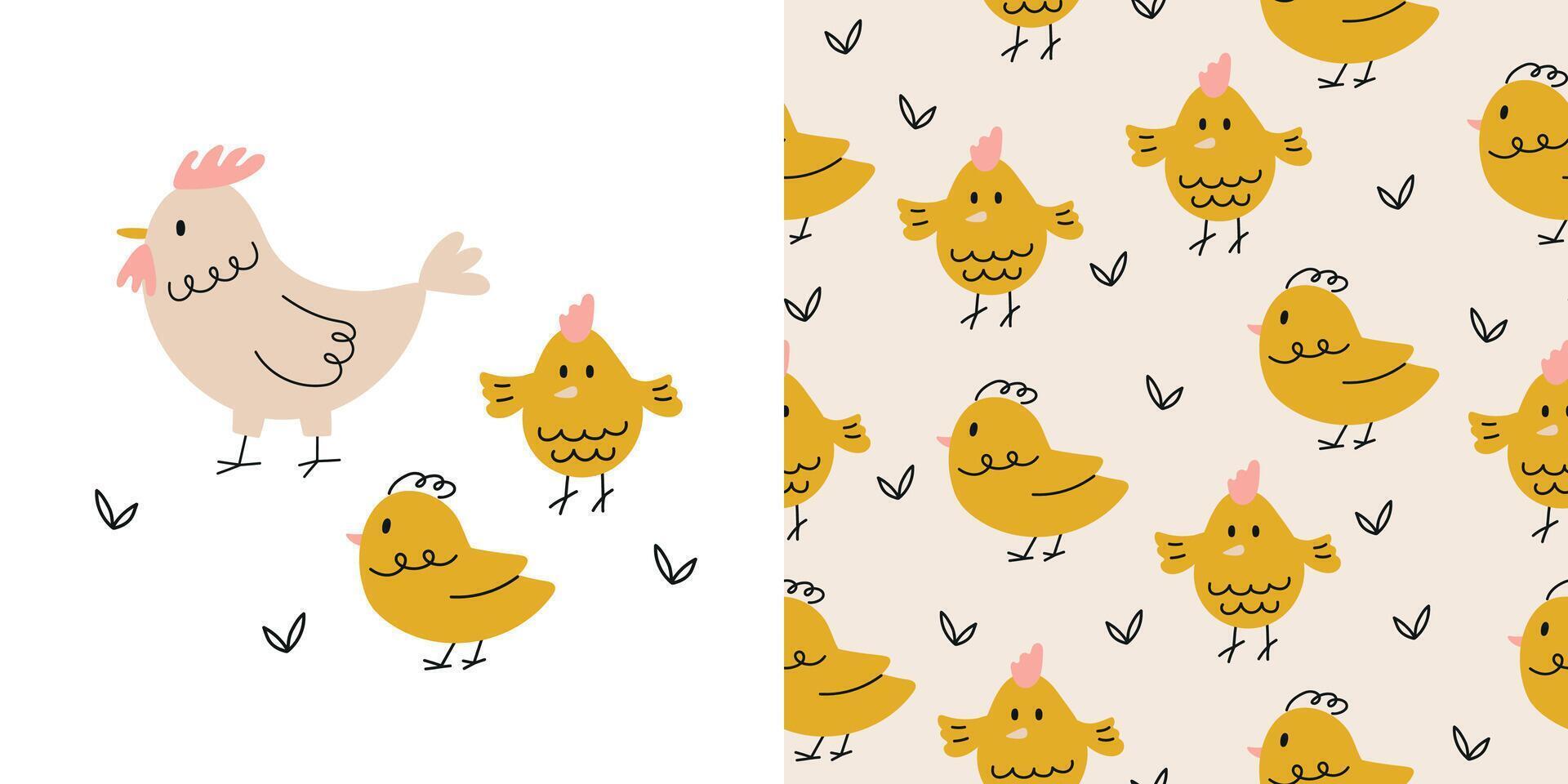 Seamless pattern with cute yellow little chicks vector
