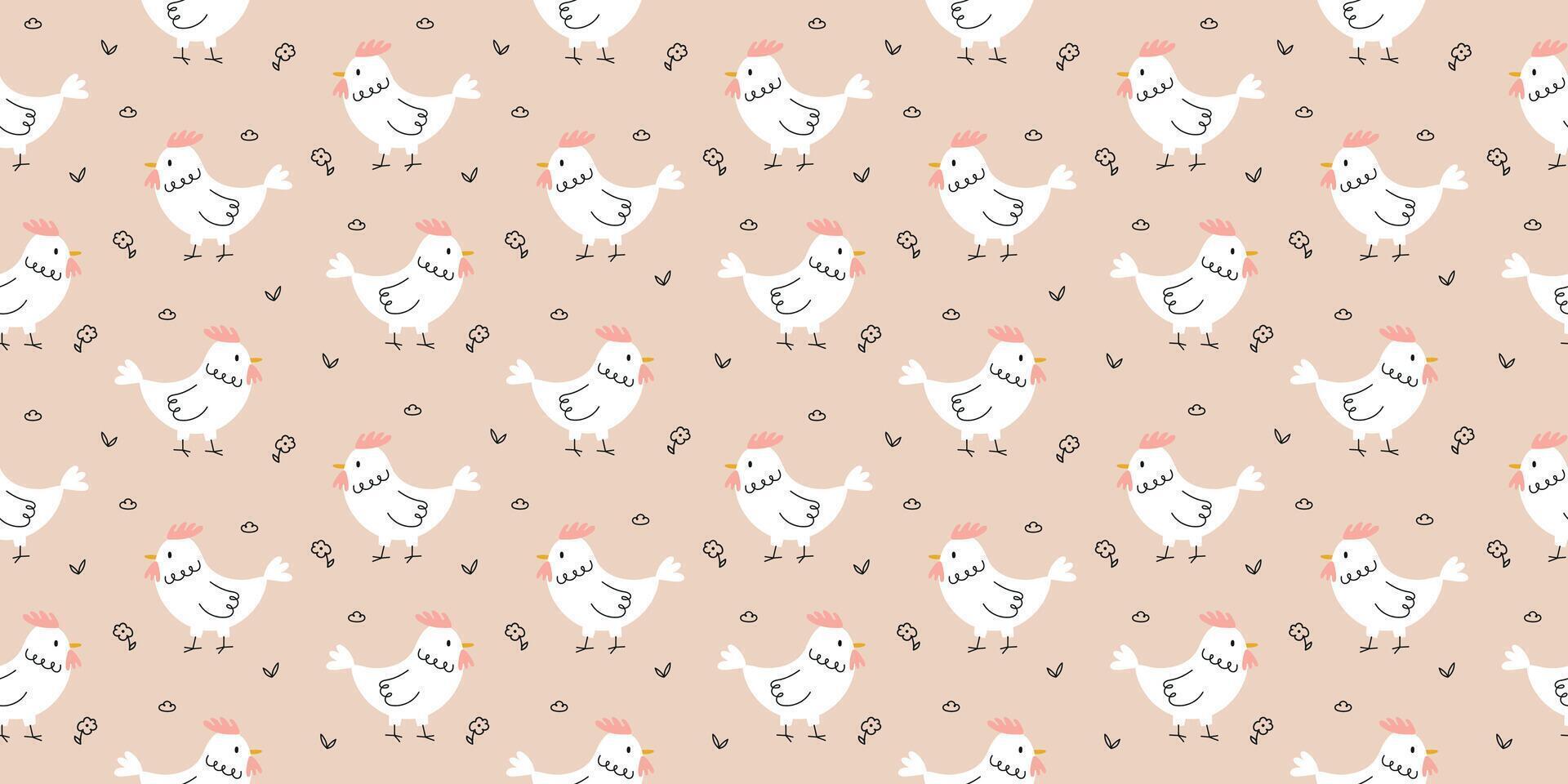 Cute pattern with chicken and doodle flowers vector