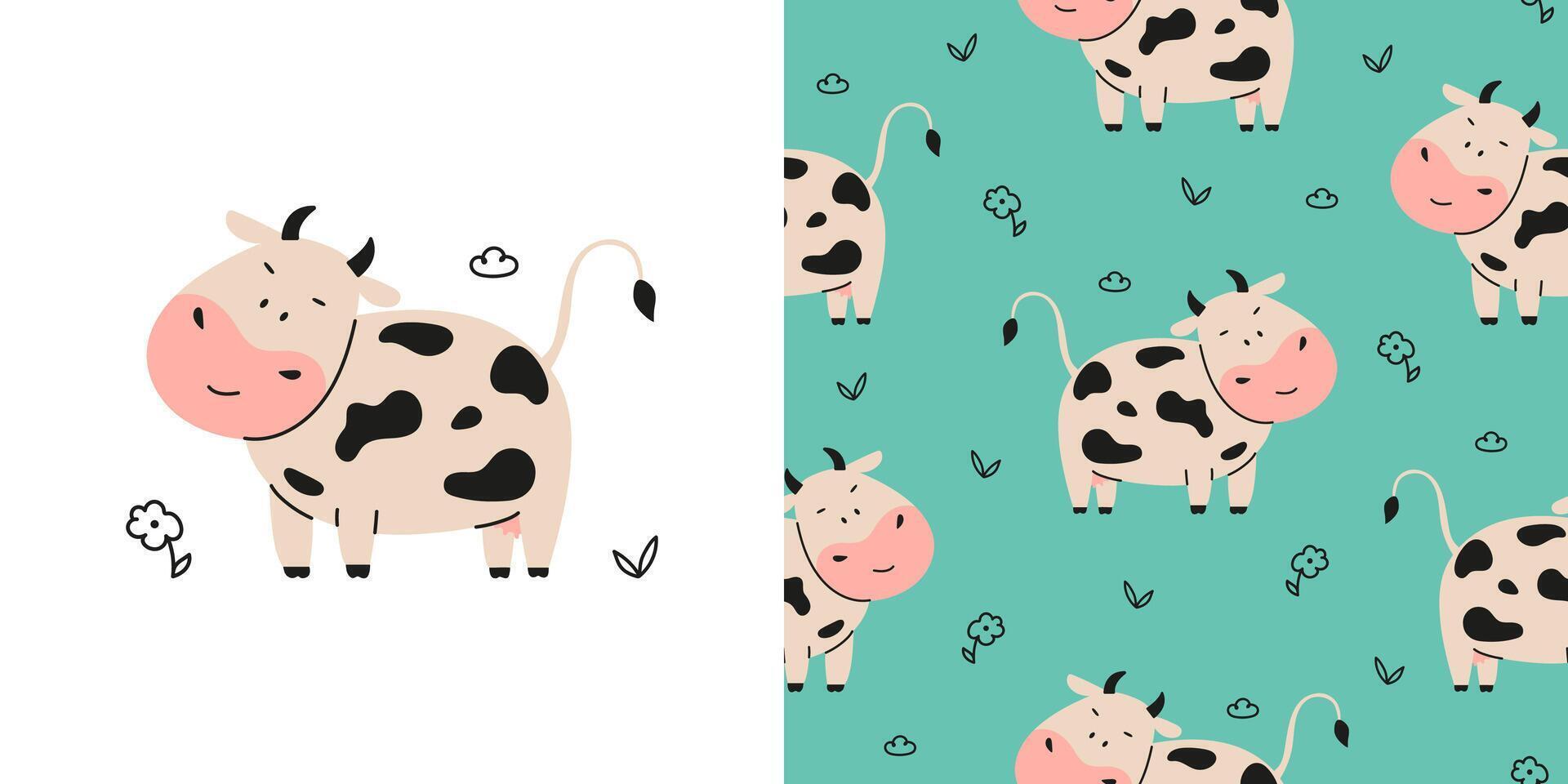 Cute cow seamless pattern with flower and leaf vector