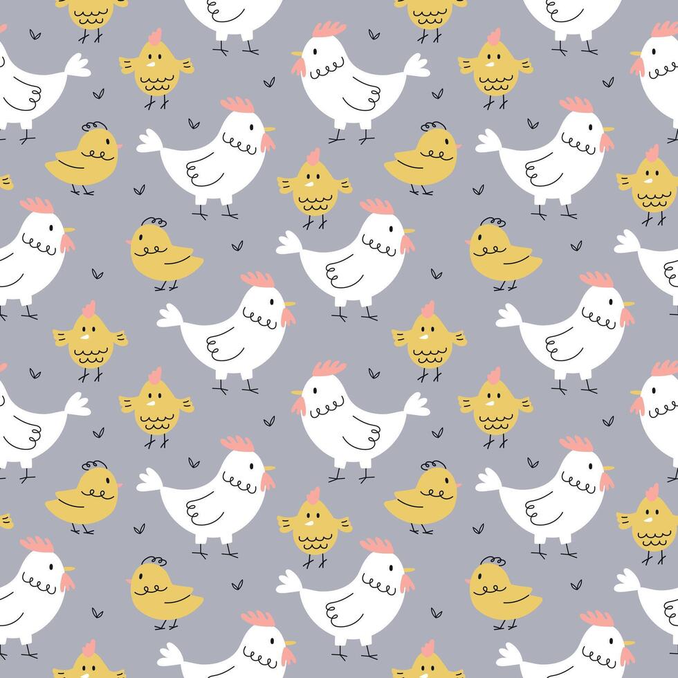 Seamless pattern with cute hen and chicks vector