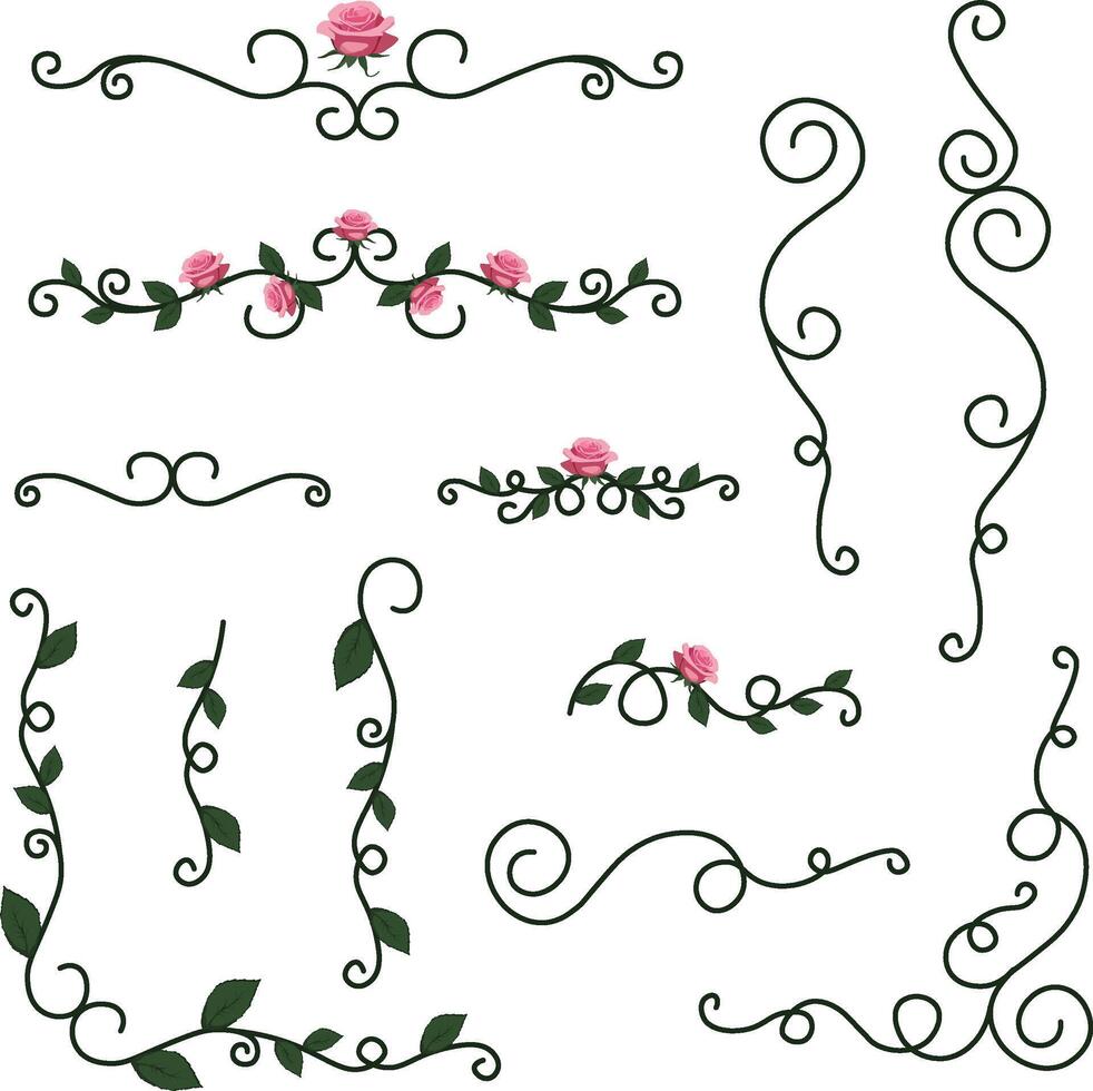 set of swirl elements with pink roses with green leaves vector
