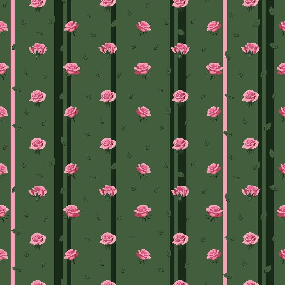 pattern with pink flowers roses and green leaves on a light green background with vertical stripes vector