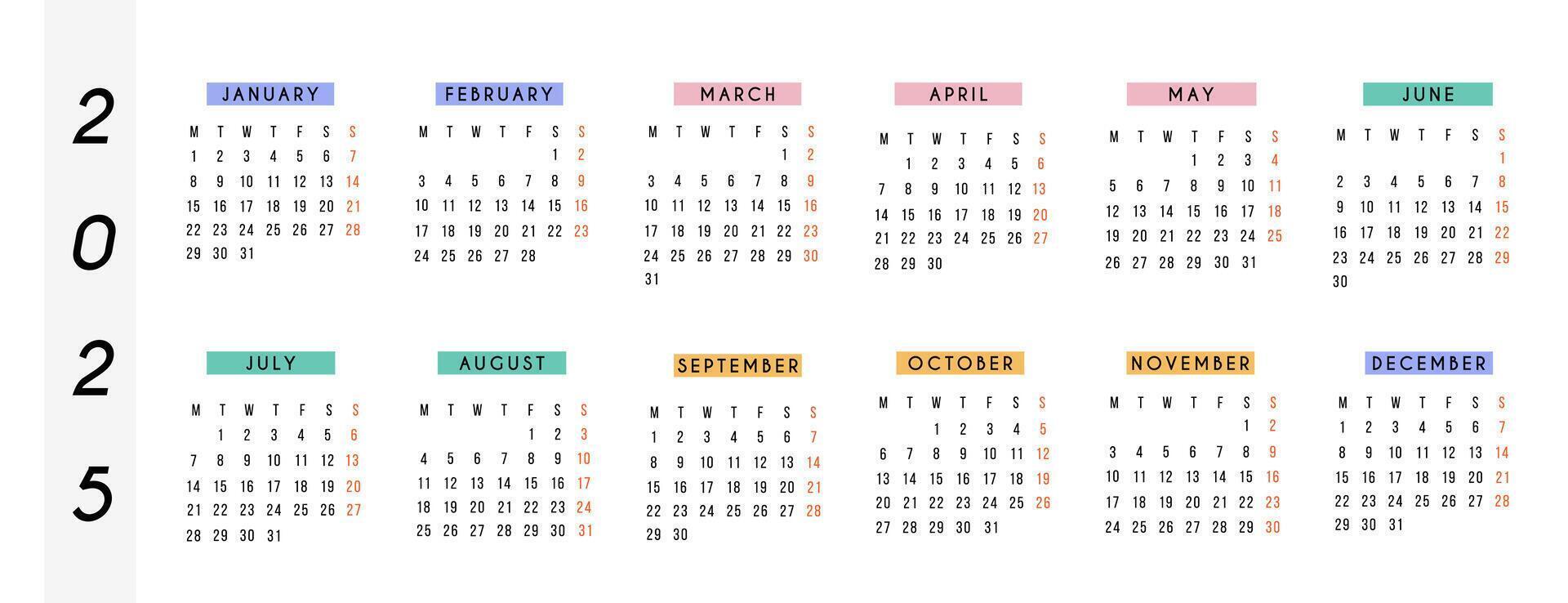 English calendar 2025 year. horizontal stationery calendar week starts