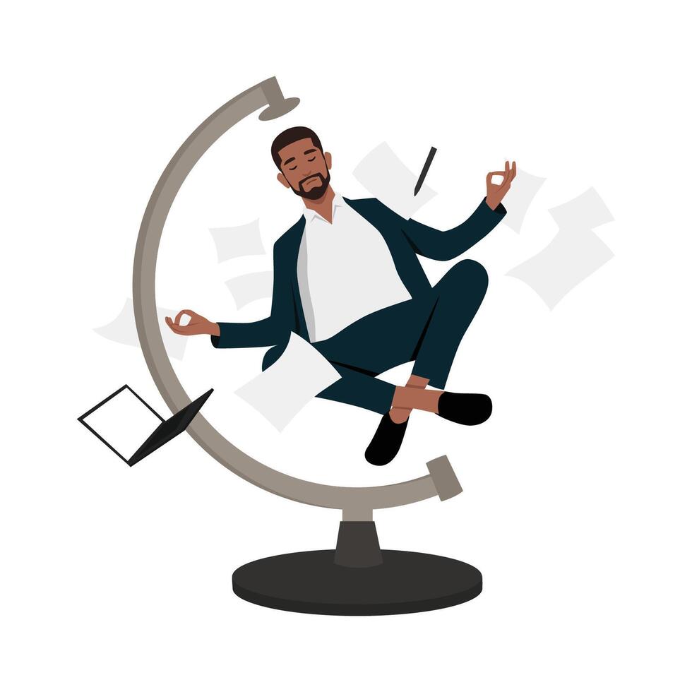 Young bearded businessman executive in nice suit meditating and levitating. vector