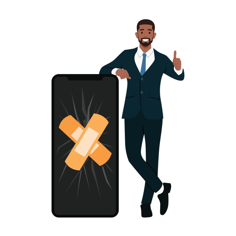 Young repairman leaning on a broken mobile phone with bandage and thumb up. vector
