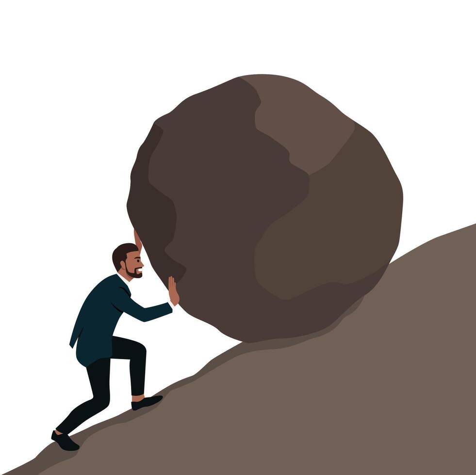 Young bearded businessman pushing a big boulder to the top. vector