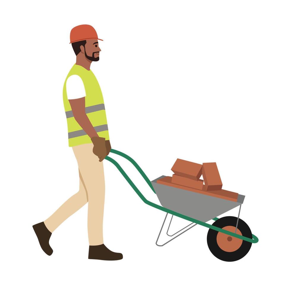 Construction worker with wheelbarrow. Man carrying loader with goods at warehouse. vector
