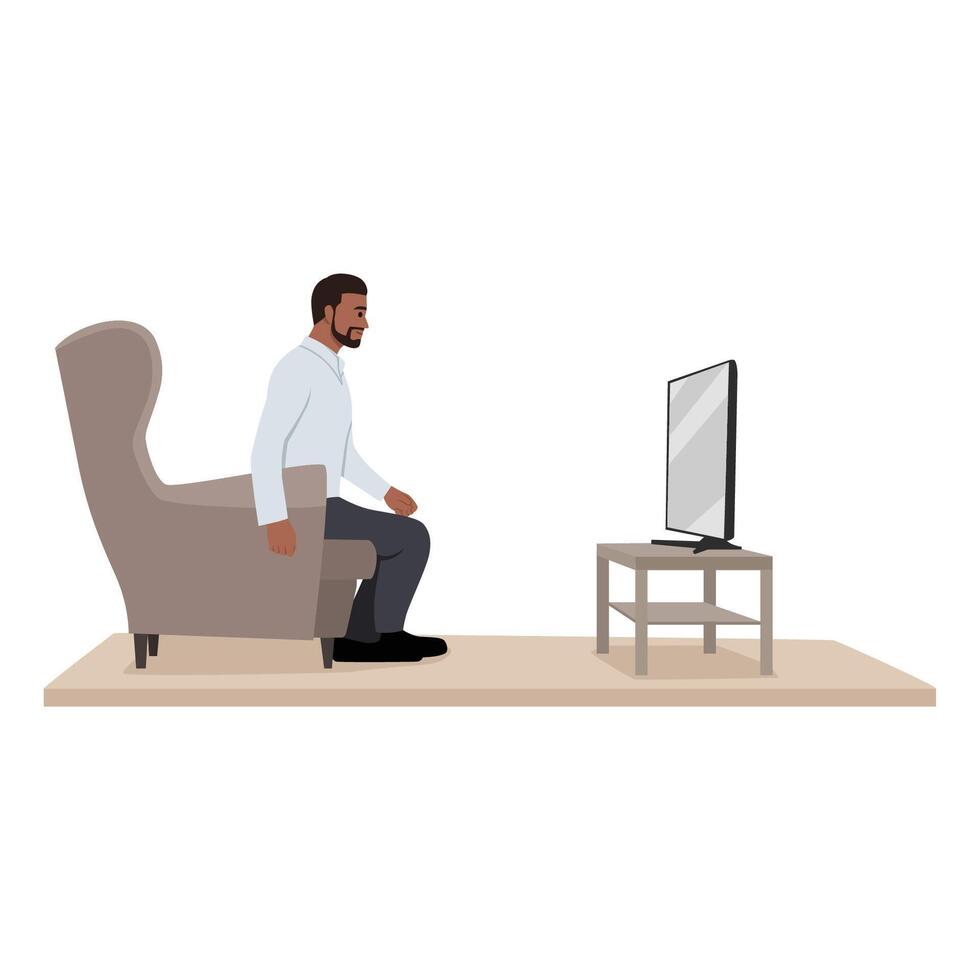 Young man sitting on sofa watching tv. vector