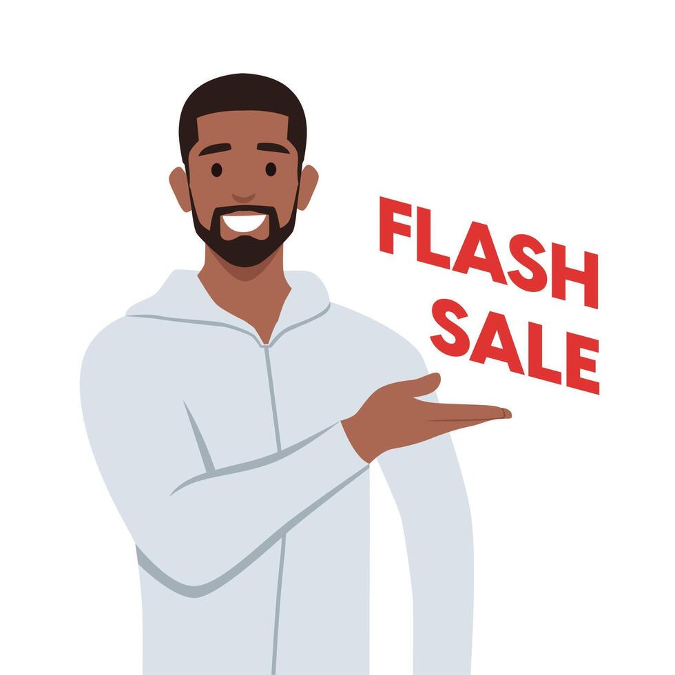 Young man with promotion banner with flash sale and cashback concept. vector