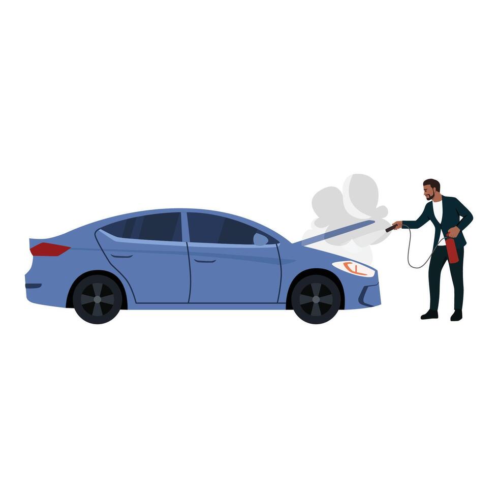 Young driver with a fire extinguisher trying to put out the fire in a car engine. vector
